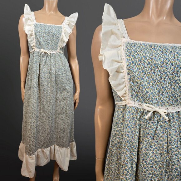 Chardin Dresses & Skirts - Vintage 70s Prairie Midi Dress Size S Sleeveless Ruffled Floral Boho Cottagecore